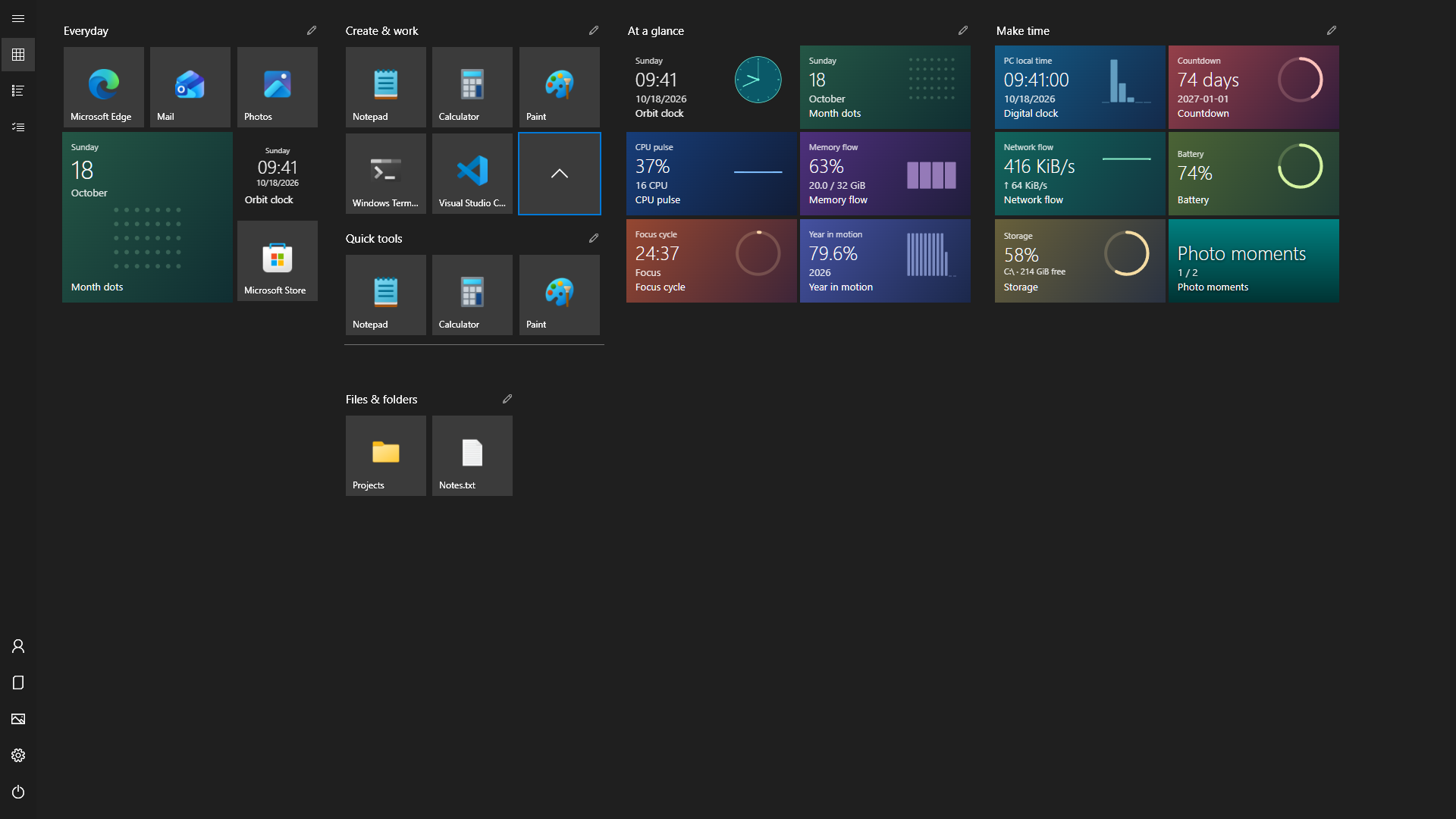 An expanded tile folder alongside independent app pins and live tile groups.