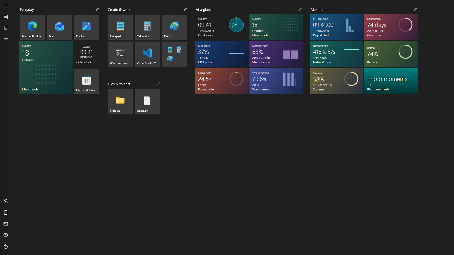 ReStart full-screen Start showing pinned apps, folders, clocks and PC activity tiles in an English demonstration layout.