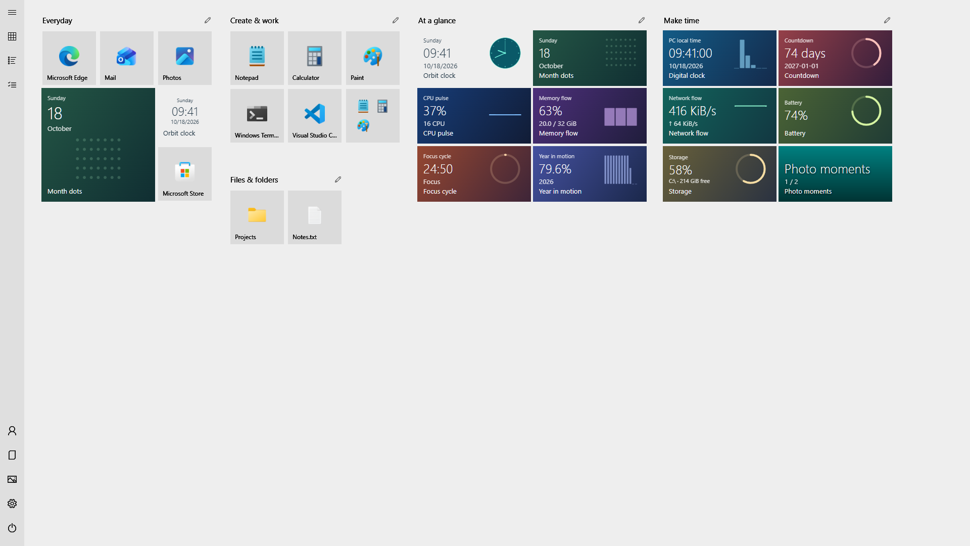 The same full-screen launcher in a light theme, with clear app icons and colorful live tiles.
