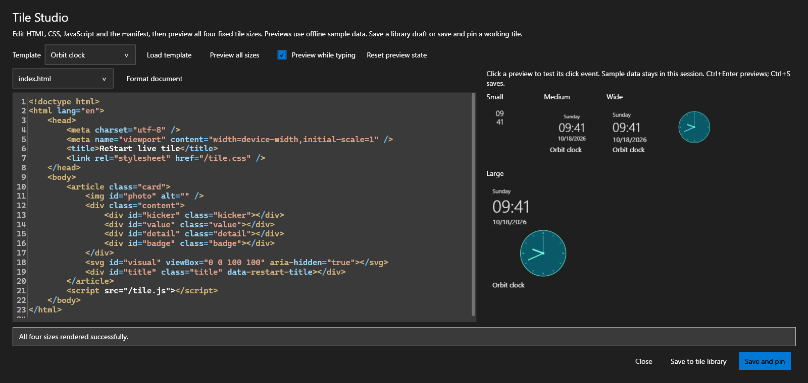 Tile Studio with a syntax-highlighted editor, offline sample data and all four live tile size previews.