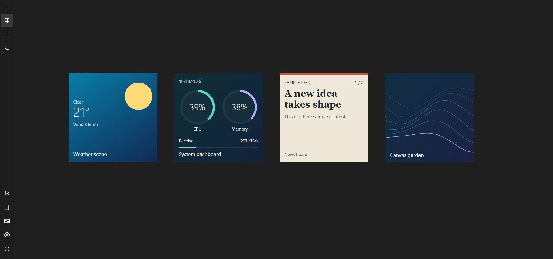 Weather scene, System dashboard, News board and Canvas garden: four included HTML, CSS, SVG and Canvas live tiles.